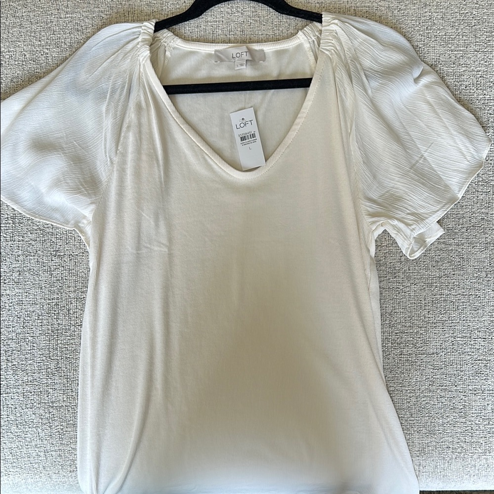 LOFT Cream Blouse with Puff Sleeves and Ruffled Style